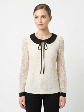 Maurices Ivory Lace Blouse with Black Peter Pan Collar